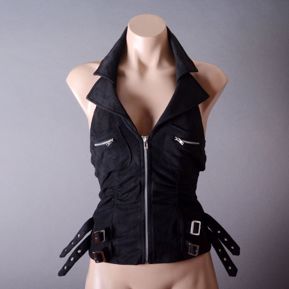 Black Halter Womens Moto Biker Punk Motorcycle Buckle Steampunk Vest Top Shirt - Picture 3 of 8